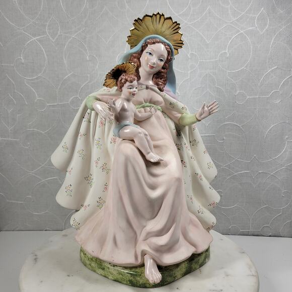 Vintage Crowned Holy Mary Baby Jesus Statue 12" Pink Ceramic‎ Madonna Bea Cox - Picture 13 of 16
